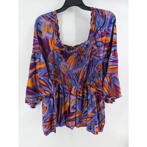 Women's Terra & Sky Boho Top Maxi Sz 4XL Cotton Smocked Bodice Scoop Neck